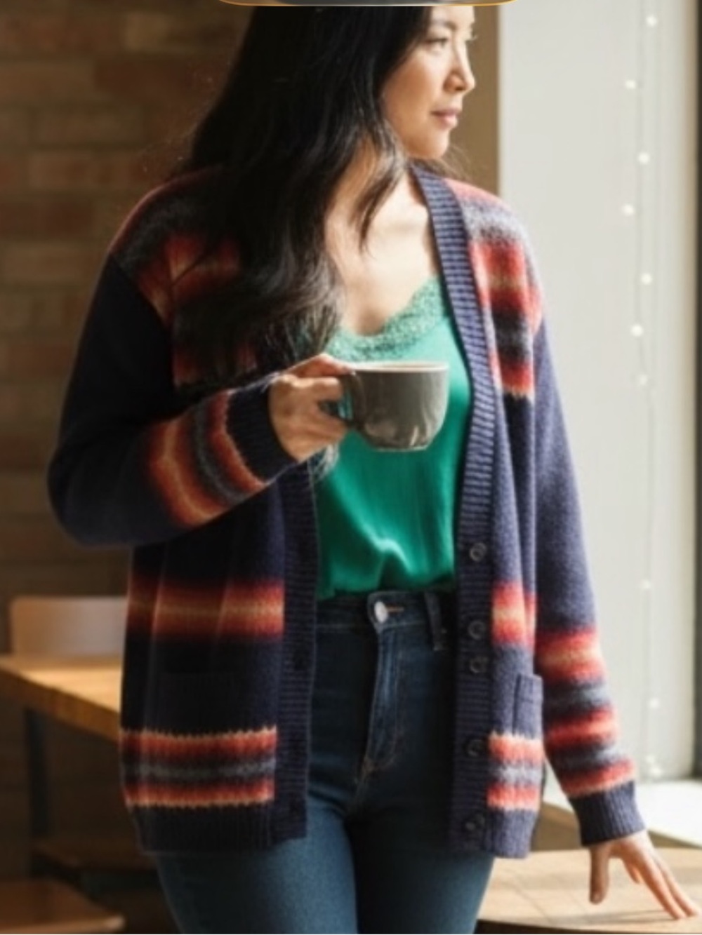 GAP DARK NAVY V-NECK AZTEC BOHO LAMBSWOOL BLEND LS CARDIGAN SWEATER